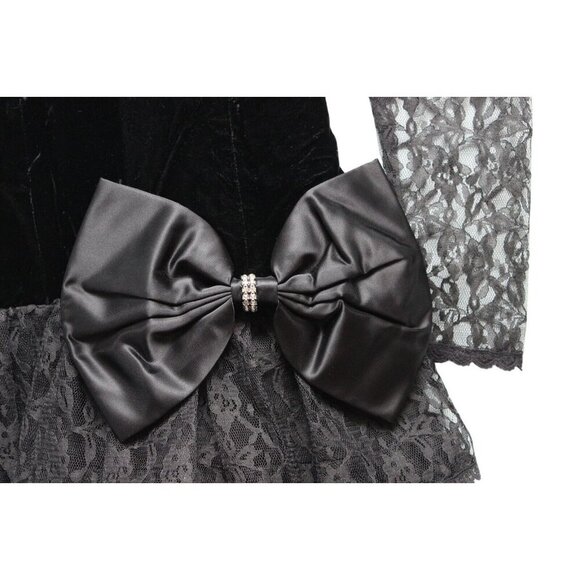 Vintage 80s Dress Size 5 Lace Black Velvet Goth Party Prom Steppin Out USA Bow - Picture 5 of 14